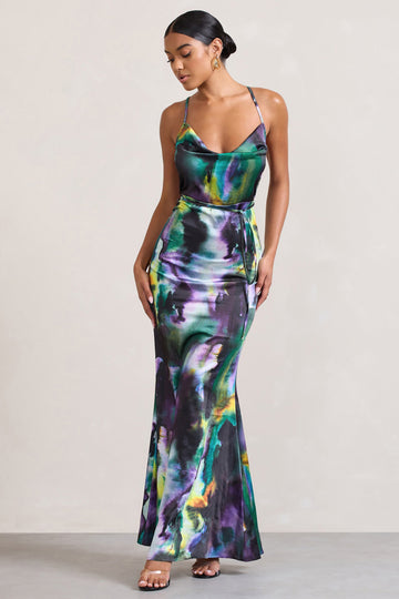 Lifetime Watercolour Print Satin Cowl Neck Maxi Dress With Cross Back Detail